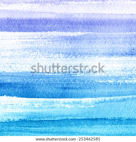 Abstract watercolor hand painted brush strokes. Horizontal striped background. Blue and white brush strokes. Hand drawn technique.