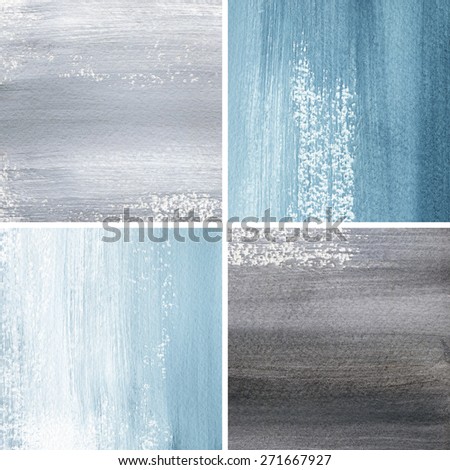 Abstract watercolor hand painted banners.Striped graphic art design elements for website or brochure headers or sidebars.Vintage grunge texture. Set of blue and grey hand painted backgrounds.