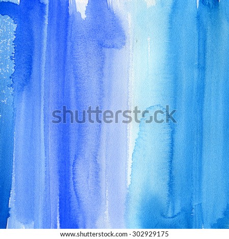Abstract watercolor hand painted brush strokes. Vertical striped background. Blue and white brush strokes on paper texture.