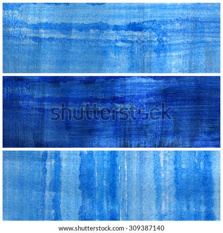 Abstract watercolor hand painted brush strokes. Blue banners.Striped graphic art design elements for website or brochure headers or sidebars.Vintage grunge texture.