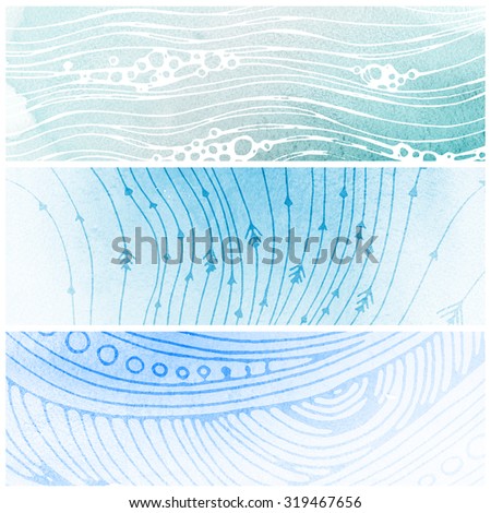 3 blue watercolor hand painted textured banners. Ornamental banners design or invitation or web template. Hand drawn pattern background.