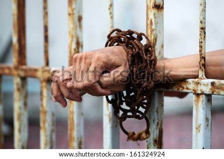 hands tied with rusty chain behind the bars