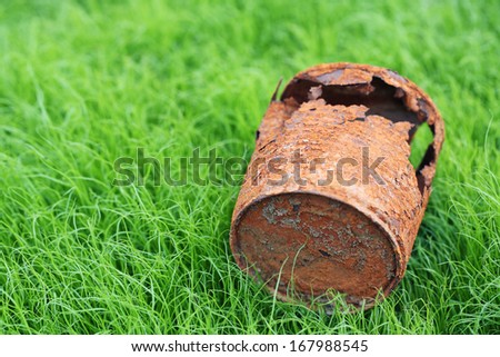 rusty can on young grass.