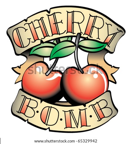stock vector Tattoo design of two cherries and the words cherry bomb
