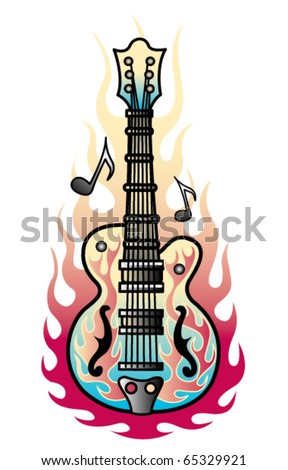  Tattoo design of a rock and roll guitar with flames and musical notes