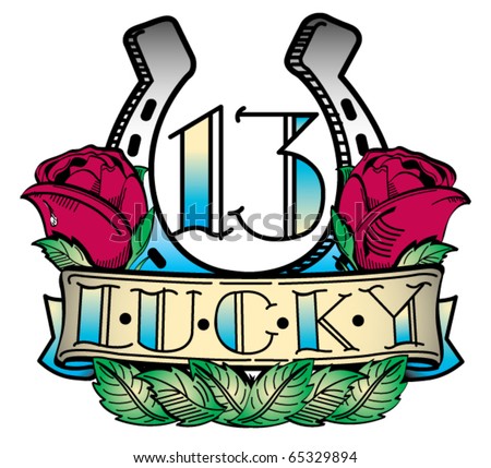 stock vector : Tattoo design of a lucky horseshoe and red roses.