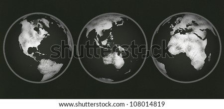 Chalkboard with three views of planet earth drawn in chalk. NASA map from http://visibleearth.nasa.gov/view.php?id=74192 used as reference to redraw.