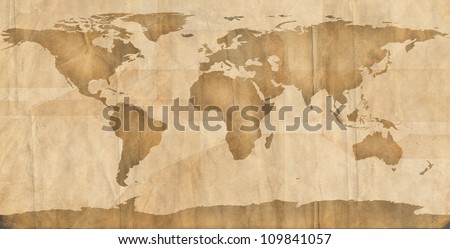 Elements of this image furnished by NASA. World map on aged, grungy paper. Map redrawn by me in illustrator using NASA map for reference http://visibleearth.nasa.gov/view.php?id=74192.