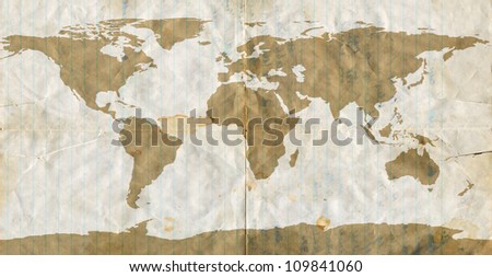 Elements of this image furnished by NASA. World map on dirty used loose leaf paper. Map redrawn by me in illustrator using NASA map for reference http://visibleearth.nasa.gov/view.php?id=74192.