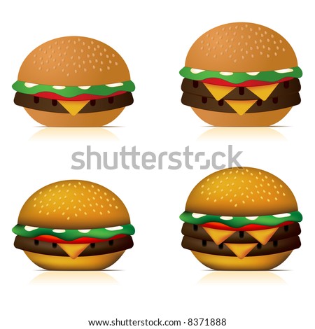 Illustration of a single cheeseburger and a double cheeseburger. The two top row burgers have a basic colour job, while the two lower burgers have been coloured my dynamically.