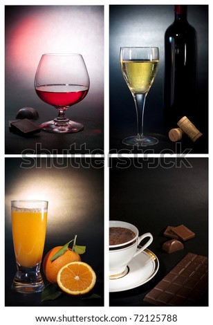 Beverages collage drinks, liqueur, wine,  orange juice and hot chocolate drink,  art background for print or as  wallpaper