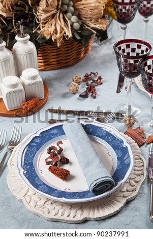 Red white and blue elegant table and place setting for holidays and celebrations