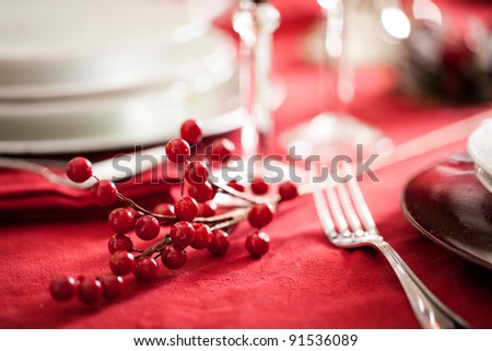 detail of a red holly berry decoration on a festive table setting