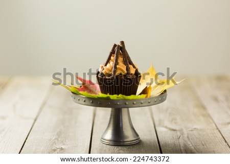 Cupcakes with orange icing swirl with chocolate fingers as logs