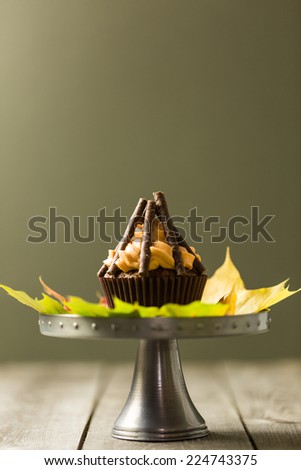 Cupcakes with orange icing swirl with chocolate fingers as logs