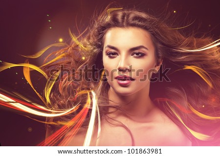 attractive woman with long hair and abstract lines