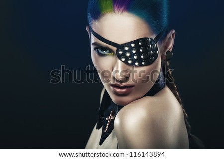 cute woman with coloured hair and eye-patch
