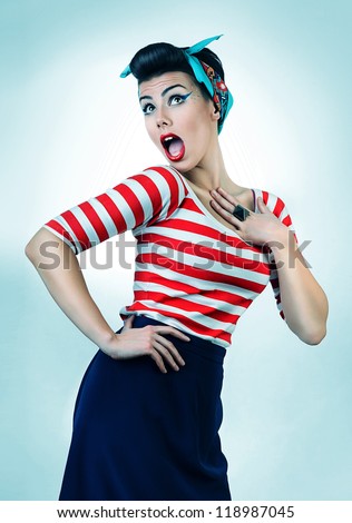 funny portrait of surprised woman with red lips