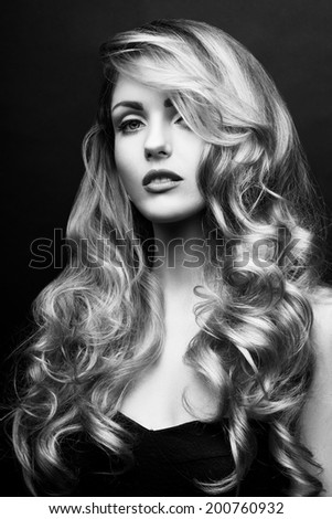 Curly hair woman face black and white beauty portrait