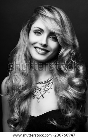 Smiling woman face black and white beauty portrait