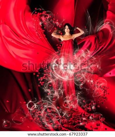 Goddess Of Love In Long Red Dress With Magnificent Long Hair Makes A Magic Ritual Of Connecting