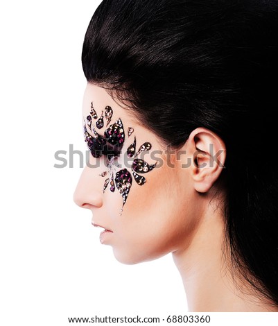 stock photo woman and face art with rhinestone on white background