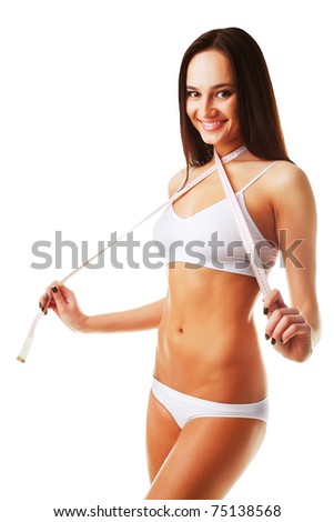 Healthy sporty woman with white measure on neck on white background