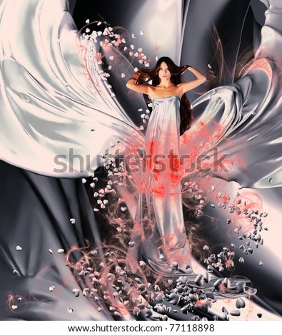 goddess of love in long white dress with magnificent long hair makes a magic ritual of connecting hearts of people on white drapery, fabric