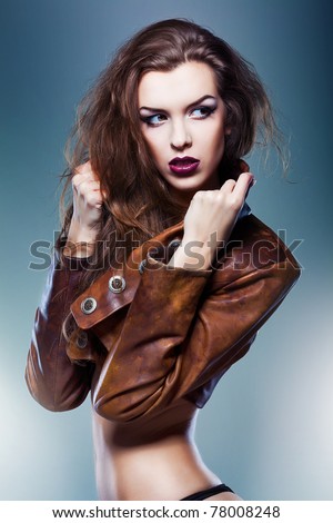 stock photo pretty attractive erotic woman in brown jacket