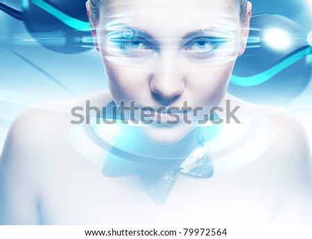 Robot woman with lighting eyes and virtual interfase