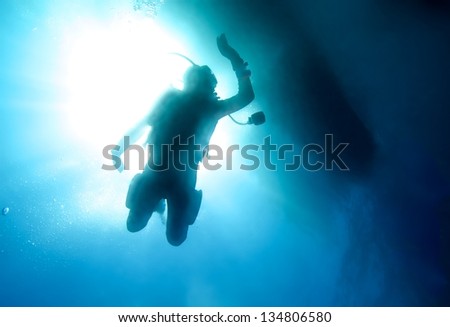 Diver stay in the water for safety stop, silhouette.