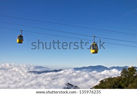Cable car ride at mountain Ba Na with magnificent landscape , Vietnam.