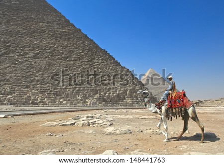 GIZA, EGYPT - MAY 31 :Camel rider in Pyramid of Khufu on May 31, 2011, at Giza, Egypt. The world\'s oldest tourist attraction, only one of the seven wonders of the ancient world still remaining.