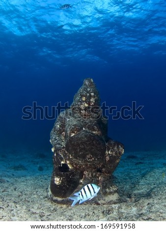 A sculpture of goddess and fishes underwater at Oahu, Hawaii.