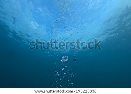 Underwater bubbles which raise from the depth of blue sea.