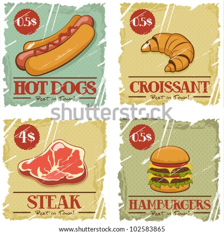 Vintage  Pictures on Food Menu   Hamburger  Hot Dog  Steak  Croissant On Vintage Background