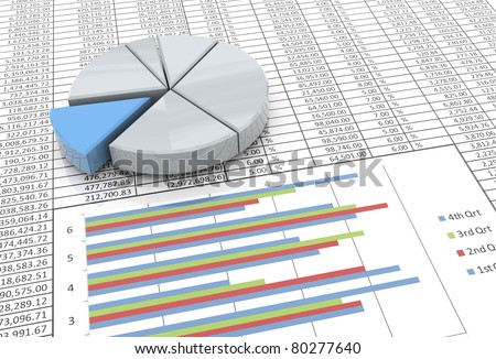 3d reflective pie chart on the background of spreadsheet
