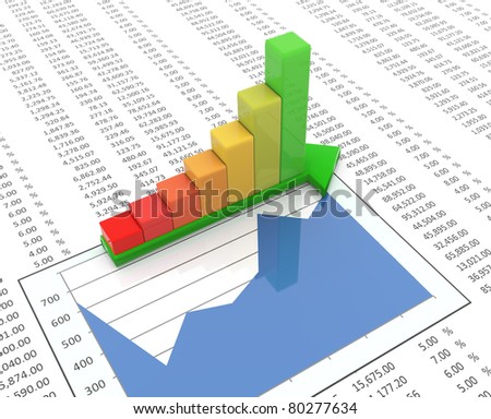 3d reflective progress bars on green arrow on the background of spreadsheet