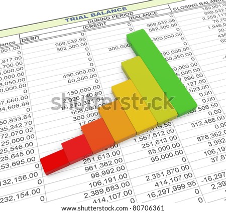 3d reflective progress bars on the background of trial balance sheet