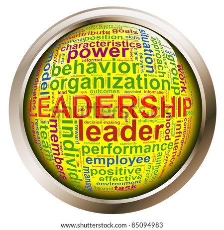 Shiny button with metal frame of wordcloud related to word \'leadership\'