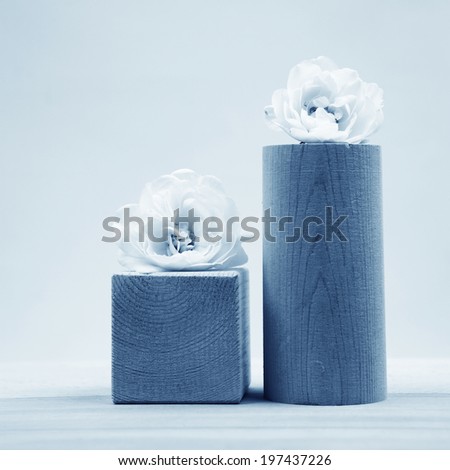 Black and white (with blue tint) wooden cylinders and white roses with light grey background