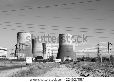 Black and white photo of power station with details