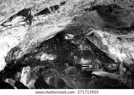 Scene from the amazing bulgarian cave Saeva Dupka. Black and white photography
