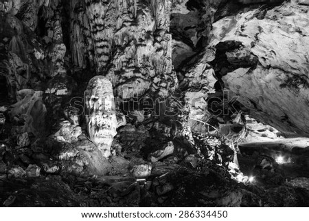 Scene from the amazing bulgarian cave Magura. Black and white photography