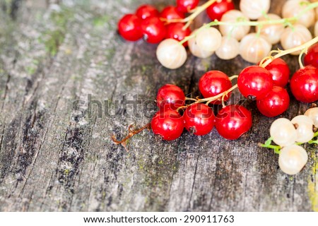 Currants, cherries and other summer fruits with old wood texture