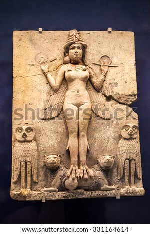 29. 07. 2015, LONDON, UK,  BRITISH MUSEUM -  Queen of the night  remains of a painted  statue from Babylonian period