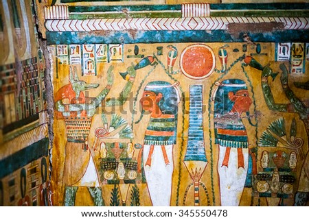 29. 07. 2015, LONDON, UK,  BRITISH MUSEUM - Painted scenes on egyptian coffins