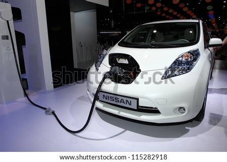 PARIS SEPTEMBER 30 The new Nissan Leaf displayed at the 2012 Paris Motor Show on September 30 2012 in Paris PARIS SEPTEMBER 30 The new Nissan Leaf displayed at the 2012 Paris Motor Show on September 30 2012 in Paris