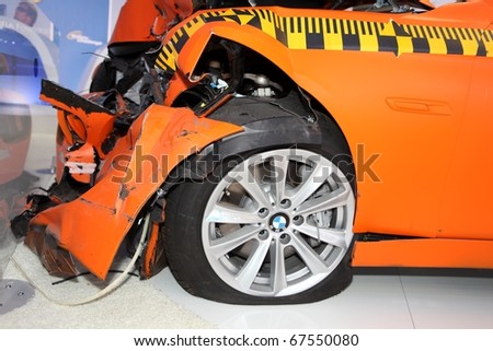 PARIS - OCTOBER 12: Crash test with a BMW (detail) displayed at the 2010 Paris Motor Show on October 12, 2010 in Paris.