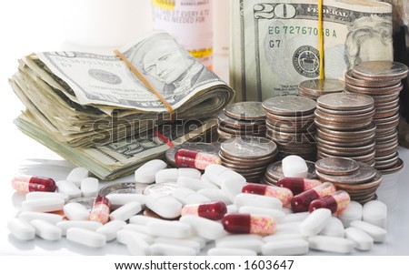 Medication and money piled high, illustrating the increasing cost of health care